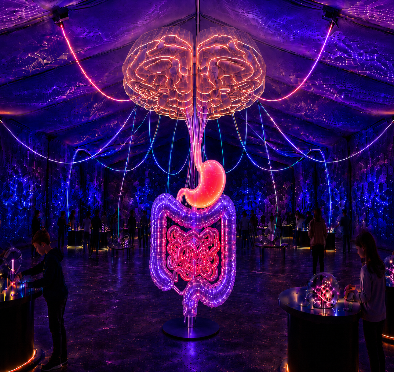 Illuminated neon sculpture of the brain-gut connection glowing purple and orange in a darkened hall